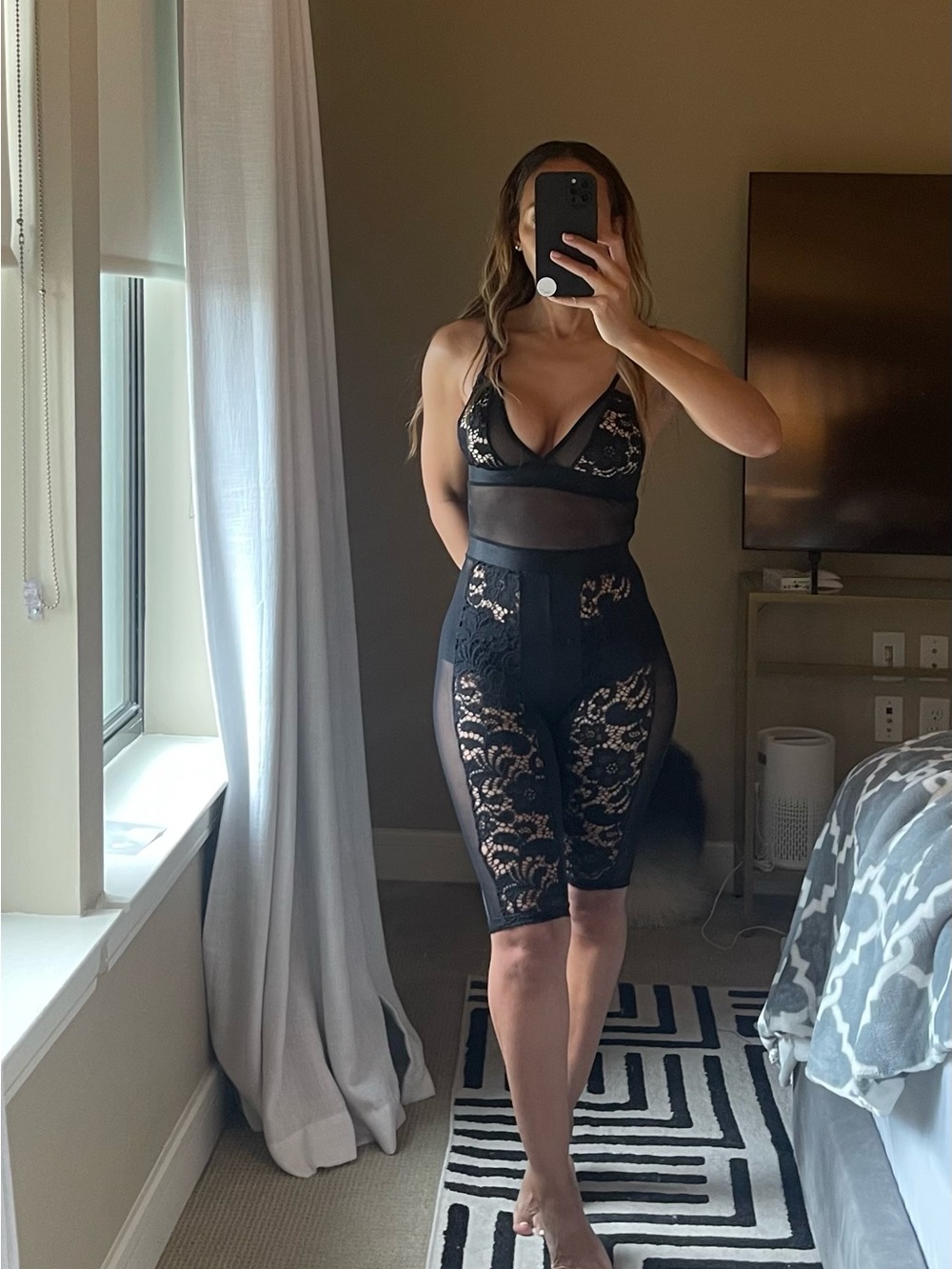 Black Lace Sheer Panel Bodysuit Romper